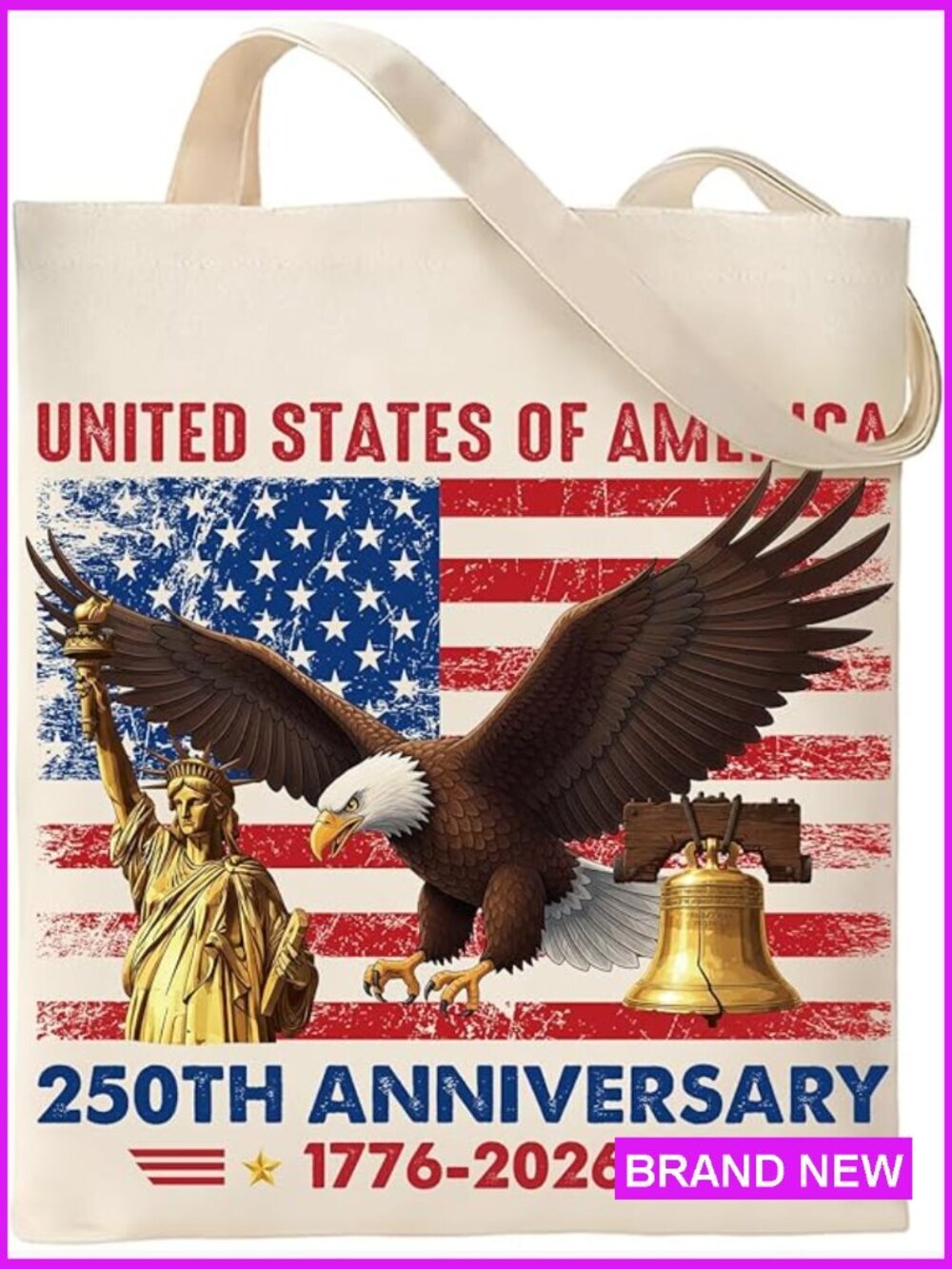 Reusable Canvas Tote Bag Eagle Flag Patriotic 250th Anniversary Shopping